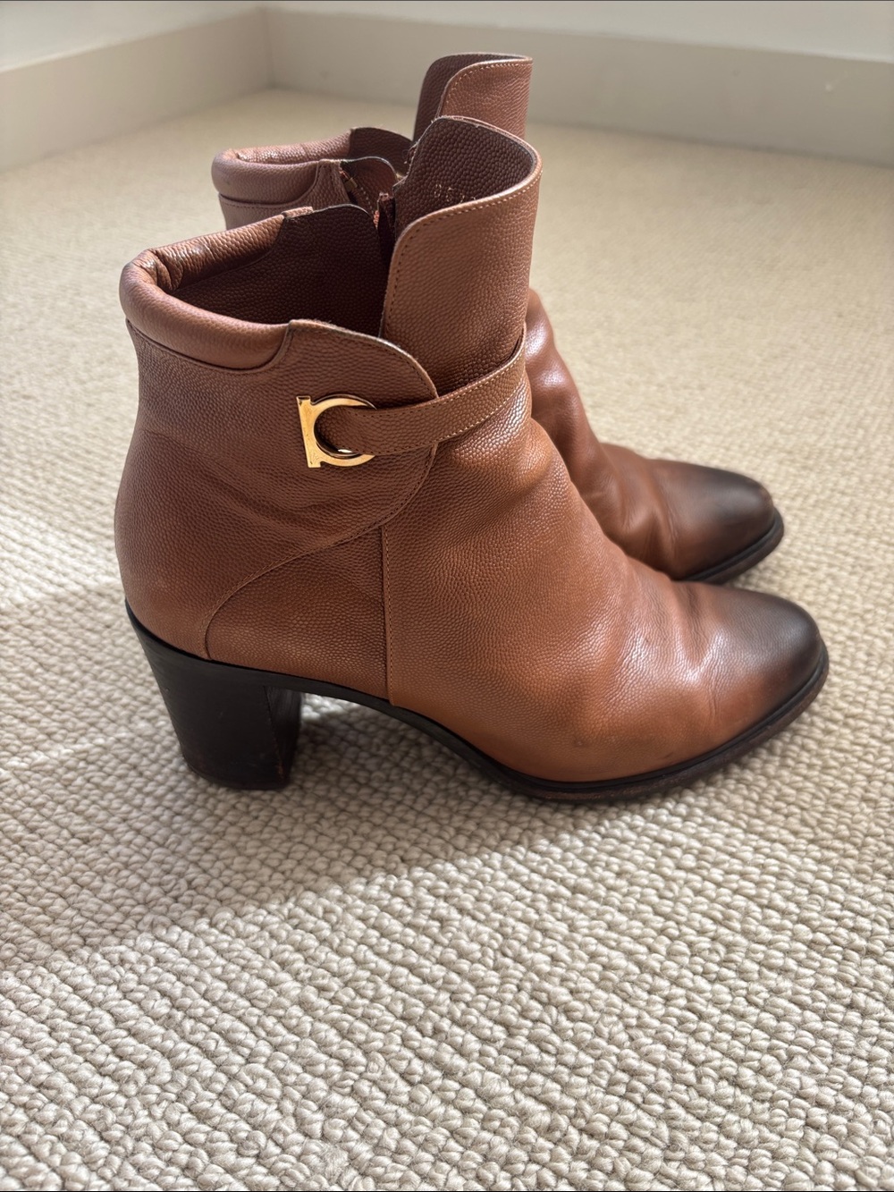 Salvatore Ferragamo Brown Leather Ankle Boots with Gold Buckle